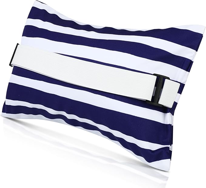 Menkxi 17"x10" Inflatable Beach Pillow with Removable Cover, Beach Chair Backpacking Pillow with Strap Stripe for Summer Sand Pools Travel Vacations(Navy Blue White)