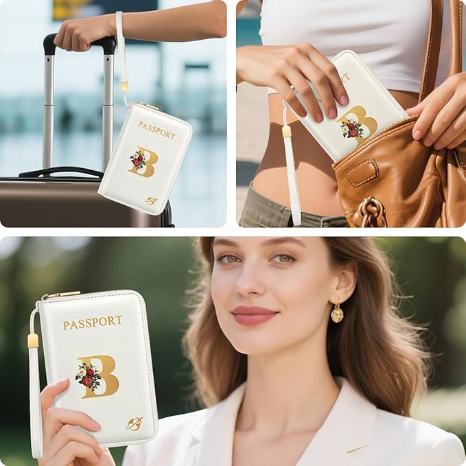 Passport Holder for Travel Personalized Passport Holder Initial Letter Rose Flower RFID Blocking Travel Wallets Credit Cards Holder for Women Men, White B