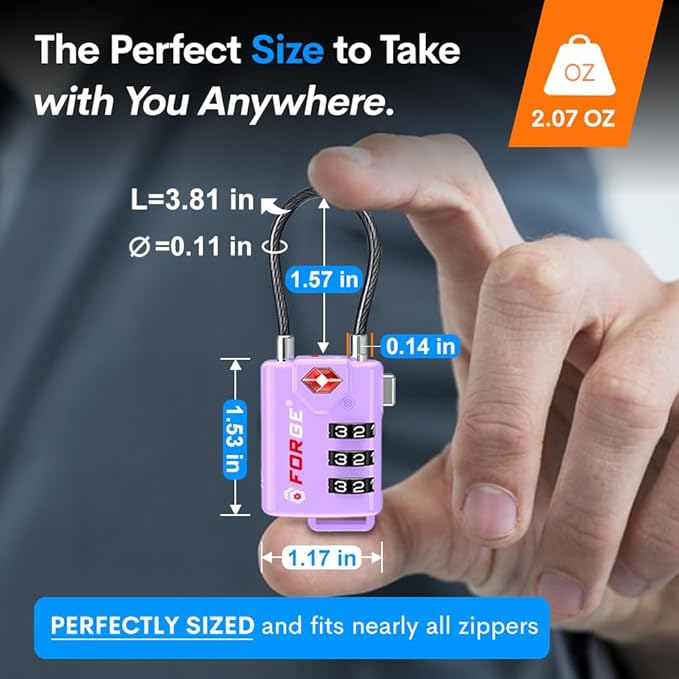 Forge TSA Approved Luggage Locks, Re-settable Combination with Alloy Body, Light Purple 2 PK, for Luggage, Suitcase, Backpack and More.