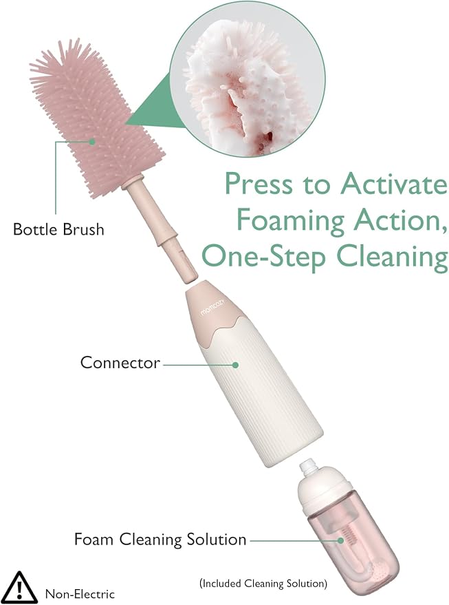 Momcozy Bottle Brush Kit with Push-Press Foam Design - Newborn Essentials Gift, Portable Cleaning Tool for Home & Travel, Baby Bottle Cleaner Brush for Breast Pumps & Nipples, Pink