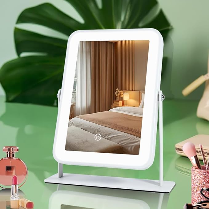 9"x11" Rechargeable Desktop Makeup Mirror with LED Lights, Adjustable Brightness Lighted Vanity Mirror, Tabletop Mirror for Bedroom, Gifts for Women with 3-Color Smart Touch Dimmable Lighting