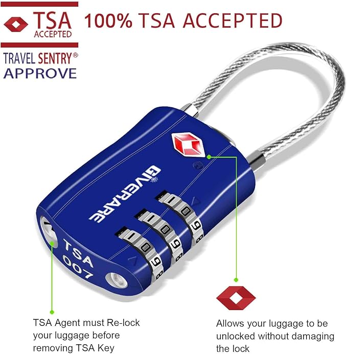 GIVERARE 2 Pack TSA Approved Luggage Locks, Combination Travel Cable Lock, Re-settable 3-Digit Padlocks with Alloy Body, Keyless TSA Padlock for Gym Locker, Golf Bag Case-Blue
