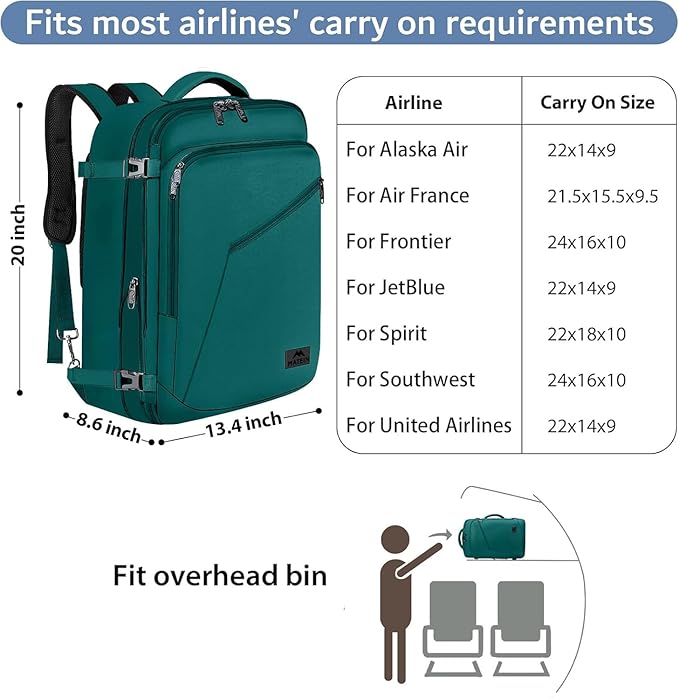 MATEIN Travel Backpack Large, Water Resistant Carry on Backpack for Travelling, Airline Approved Large Capacity Back Pack, Expandable Lightweight Overnight Daypack, Travel Gift, Peacock Blue