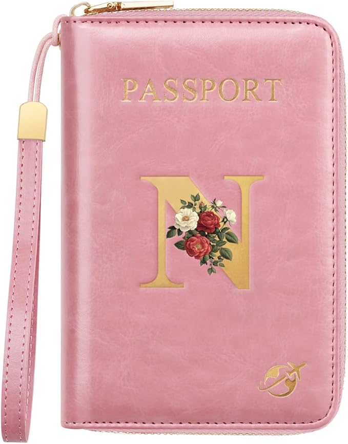 Passport Holder for Travel Personalized Passport Holder Initial Letter Rose Flower RFID Blocking Travel Wallets Credit Cards Holder for Women Men, Pink N