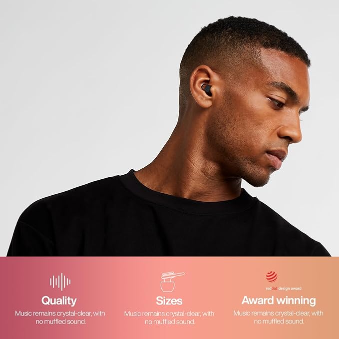 Hears One Ear Plugs for Noise Reduction - Patented Reusable Concert Earplugs, 20dB SNR Sound Reduction, Hypoallergenic for Musicians, Motorcycle and Sleeping with 4 tip Sizes - Jet Black