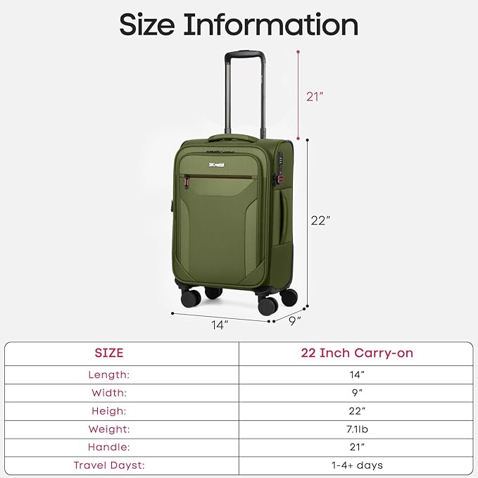 Carry on Luggage 22 X 14 X 9 Airline Approved,22 Inch Softside Suitcases w/TSA LOCK,Lightweight Carry-On Suitcase w/Spinner Wheels,Upright Softshell Luggage for Men/Women（Green,22in）