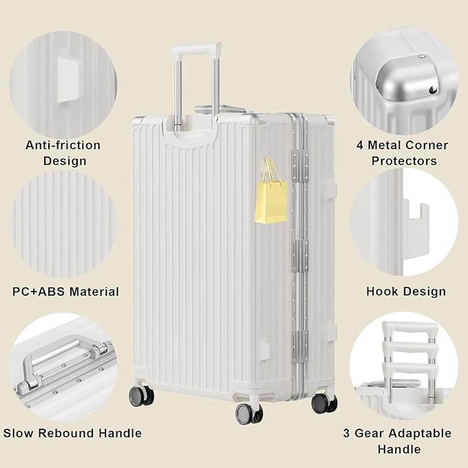 AnyZip Luggage PC+ABS Aluminum Frame Zipperless Checked Luggage Hard Shell Suitcase with TSA Lock Double Spinner Wheels 24 Inch White