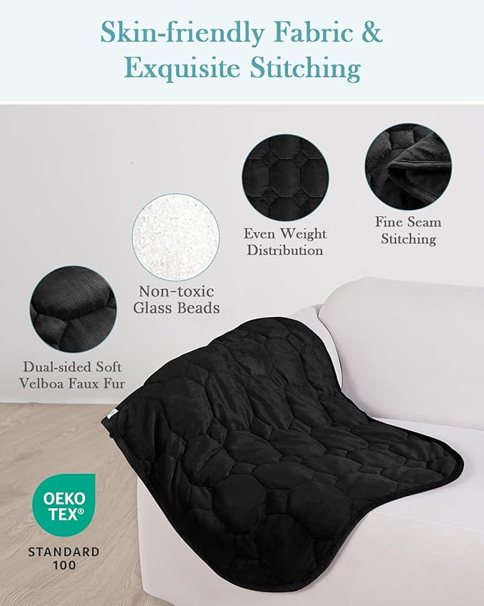 Topblan Weighted Lap Blanket 7lbs for Adults, Small Weighted Blanket Throw for Napping, Relaxation, Calming and Travel, Skin Friendly & Machine Washable for All-Season Sleeping, Black 24x29 inches