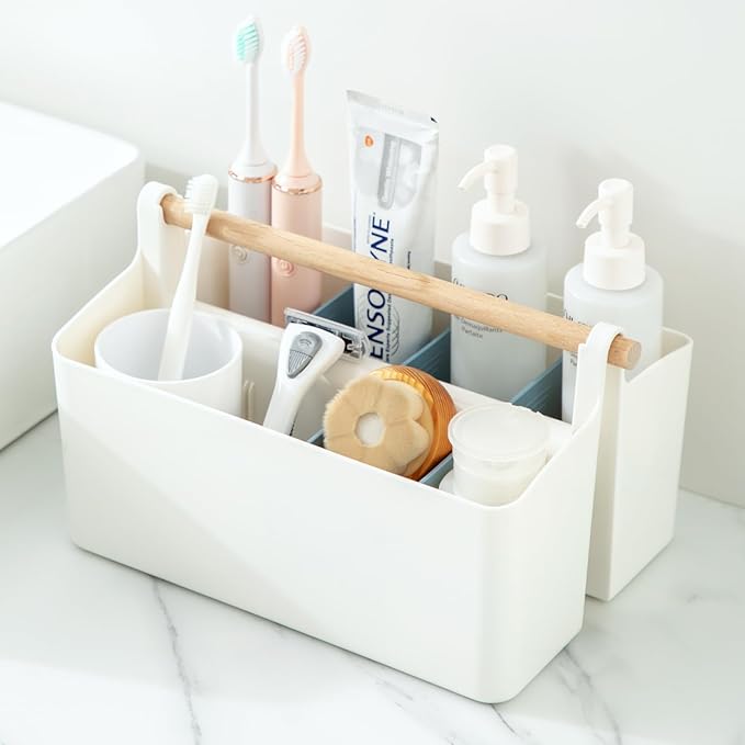 Vidifor Large Portable Basket with Handle, Plastic Craft Storage Organizer Caddy Tote with Adjustable Divided for Makeup Art Supplies, Sewing, Colored Pencils-Blue