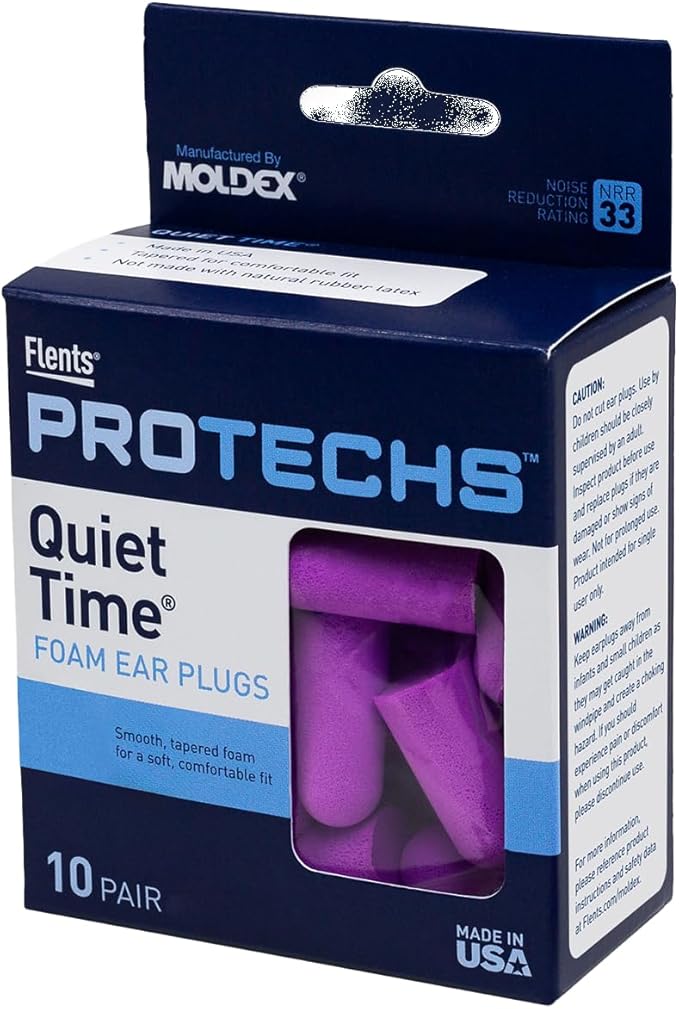 Flents Protechs Foam Ear Plugs, 10 Pair with Case for Sleeping, Snoring, Loud Noise, Traveling, Concerts, Construction, Studying, Work, Shooting, NRR 33, Purple, Disposable, Made in the USA