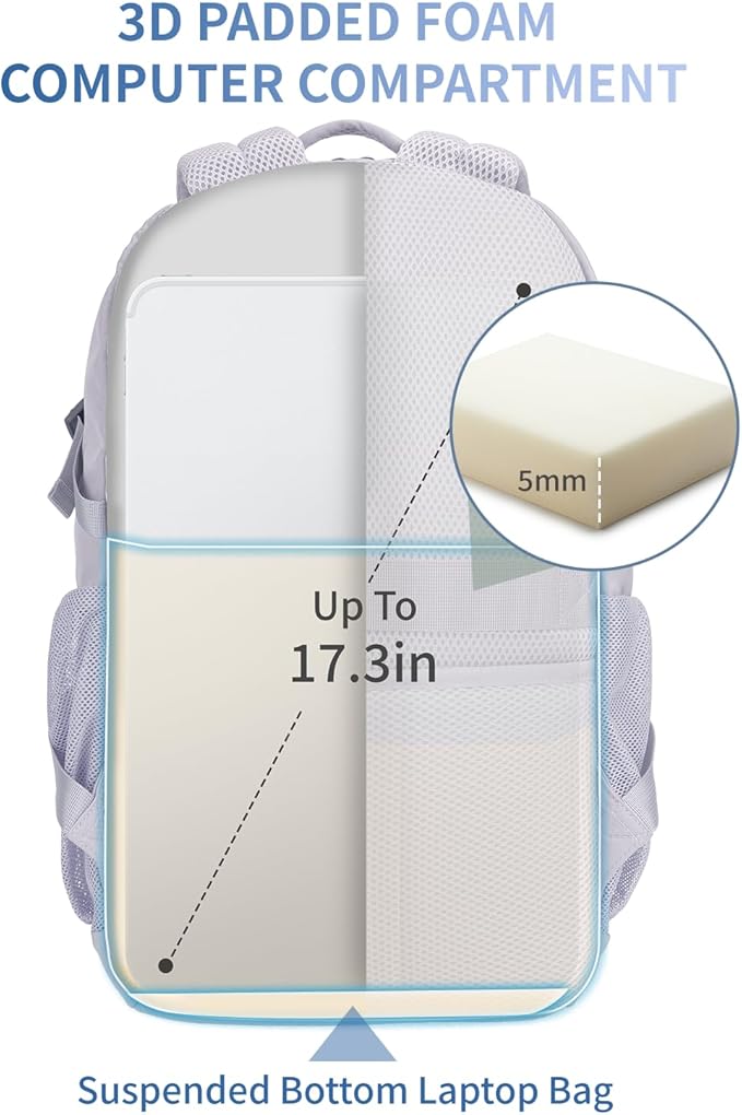 ECOHUB Travel Backpack for Women, 17.3 inch Suspended Laptop Backpack, Fashion Water-Resistant College Computer Bookbag, 28L Personal Item Bag with 12 Pockets for Causal, Work, Grey