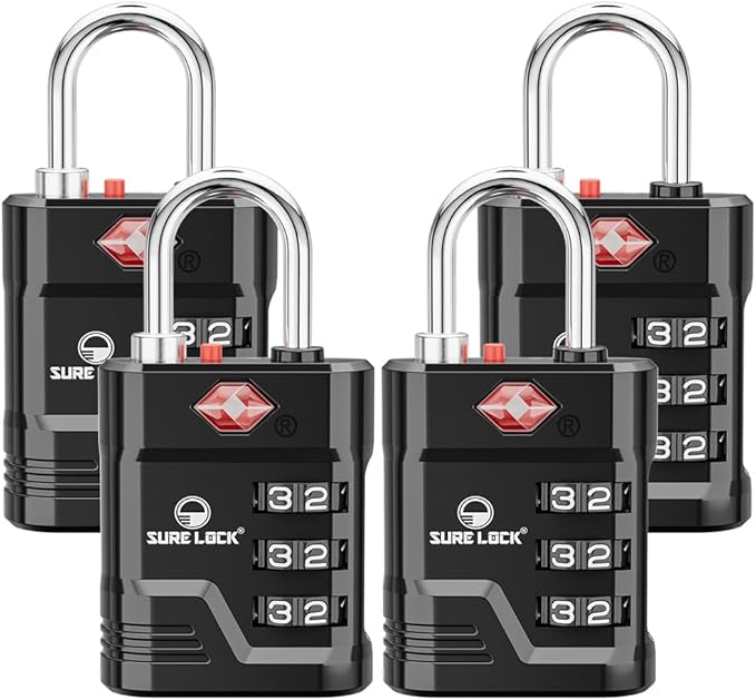 SURE LOCK TSA Approved Luggage Lock – 3-Digit Resettable Combination Padlock with Open Alert Red Dot, Large Easy-Read Dials for Suitcases, Backpacks, Gym & School Lockers (Black 4 pk)