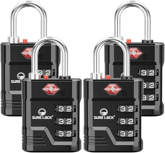 SURE LOCK TSA Approved Luggage Lock – 3-Digit Resettable Combination Padlock with Open Alert Red Dot, Large Easy-Read Dials for Suitcases, Backpacks, Gym & School Lockers (Black 4 pk)