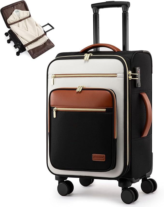 LOVEVOOK Carry on Suitcase 22x14x9 Airline Approved,20 inch Lightweight Waterproof Suitcases with 360° silent swivel wheels, TSA Lock and Compartment, Large Capacity travel Suitcase Black-White-brown