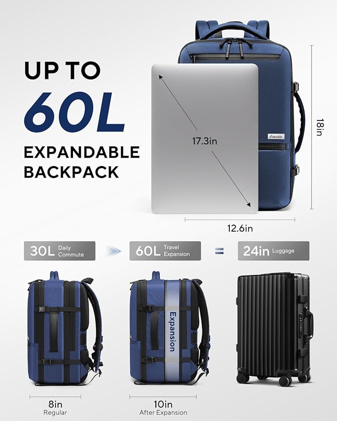 Dinictis Vacuum Seal Travel Backpack 60L Built-in Pump, Expandable Backpack with Vacuum Compression Fits 17 inch Laptop, Water Resistant Carry On Suitcase Luggage for Short Trip and Business-Blue