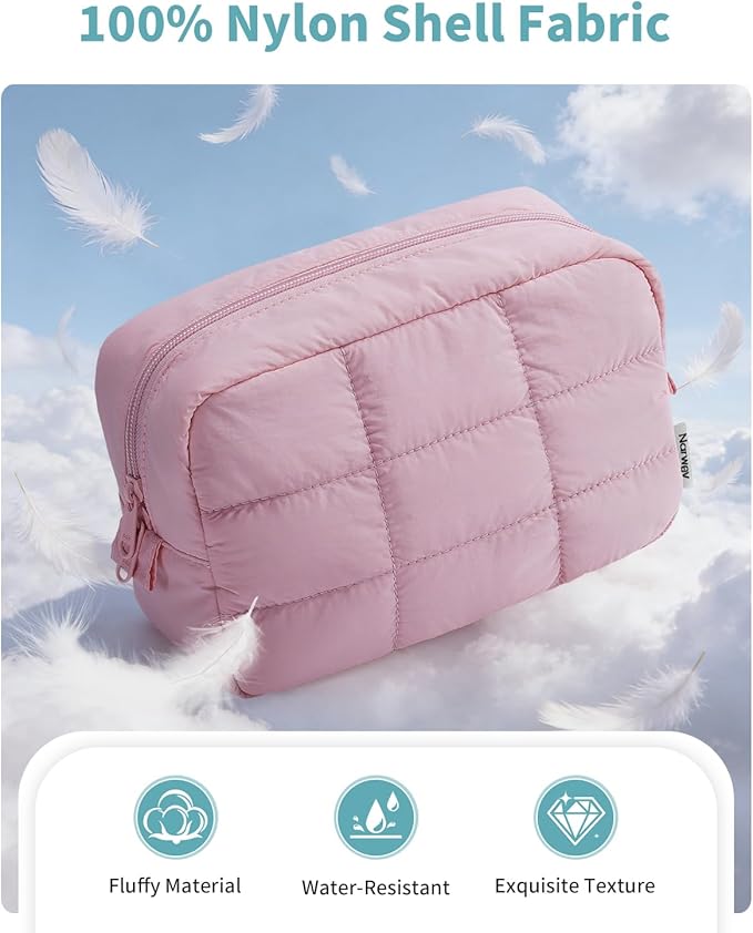 Narwey Puffer Travel Makeup Bag for Women Girl, Quilted Puffy Cosmetic Bag Make Up Bag Organizer, Cute Travel Toiletry Bag for Toiletries (Pink)