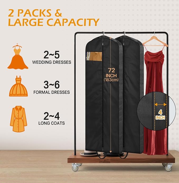 MISSLO 72" Wedding Dress Garment Bag Waterproof Garment Bags for Travel for Women Dress Bags for Gowns Long for Closet Storage 2-Pack, Black