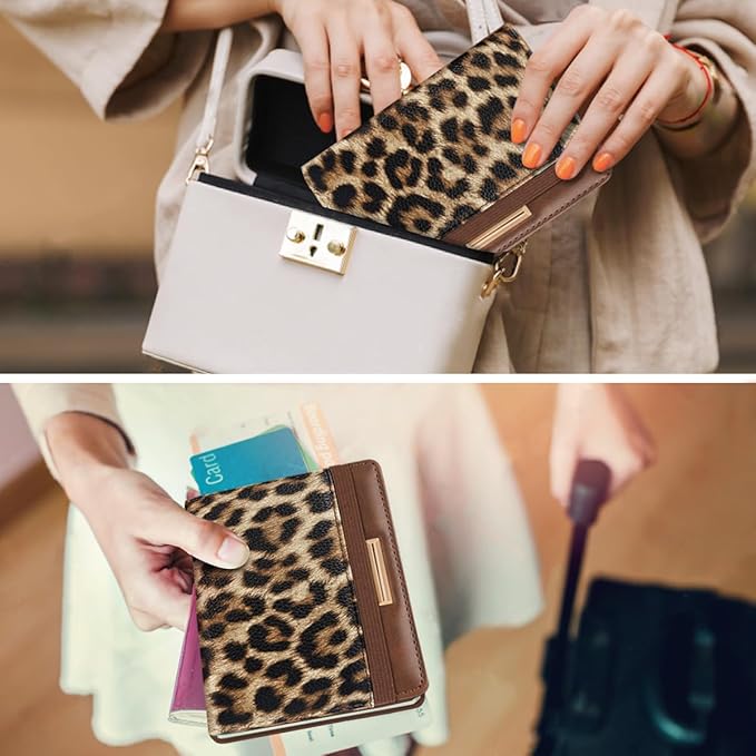 Coco Rossi Women's Leopard Print Passport Holder Cover with RFID Protection, 4 Card Slots, 1 Cash Holder, 1 Boarding Pass Holder
