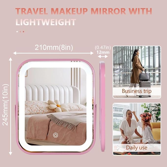 YEKKOPT Pink Rechargeable Vanity Mirror with Lights, LED Makeup Mirror, 10"×8" Lighted Makeup Mirror with Lights, Smart Touch Control Dimmable 3 Modes Light, Lighted Up Mirror for Makeup Desk, Bedroom
