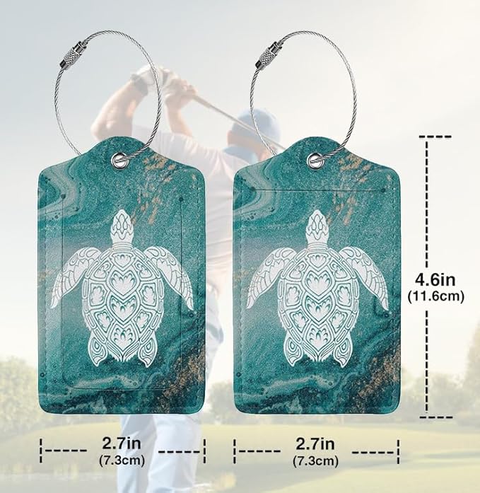 2 Pack Luggage Tag Green sea Turtle Travel PU Cute Leather Luggage Tag Name ID Labels with Privacy Cover Suitcases Women Men Girls Boys Fun Laggage Tags (Green sea Turtle)