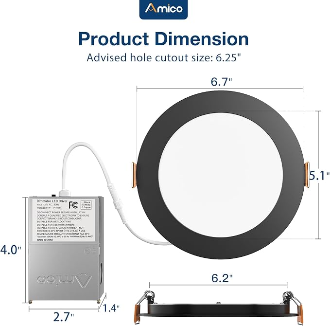 Amico 24 Pack 6 Inch LED Recessed Light with Junction Box, 5CCT, 1050LM | 12W, 2700K-5000K, 5%-100% Dimmable, 120V, Black, Metal Housing, Ultra-Thin Canless Wafer Downlight, ETL, FCC, IC & Damp Rated