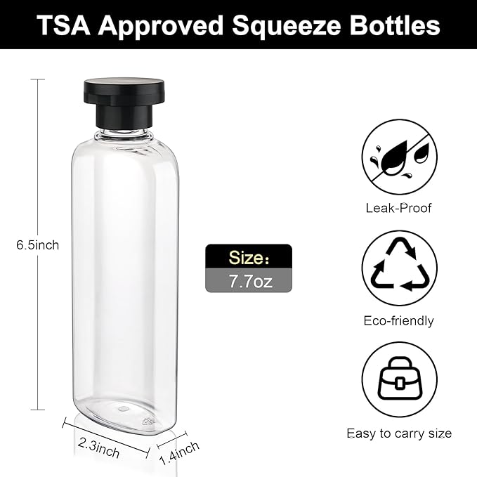 Travel Shampoo and Conditioner Bottles 7.7oz 7 Pack Leak Proof Squeeze Bottles with Flip Cap Refillable Containers Plastic Travel Bottle for Toiletries for Lotion Shampoo Conditioner
