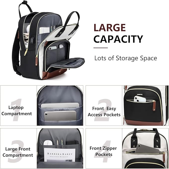 Laptop Backpack for Women Bag - 15.6 inch Work Bags with USB Charger College Bookbag Business Computer Backpack Purse Beige Black Brown