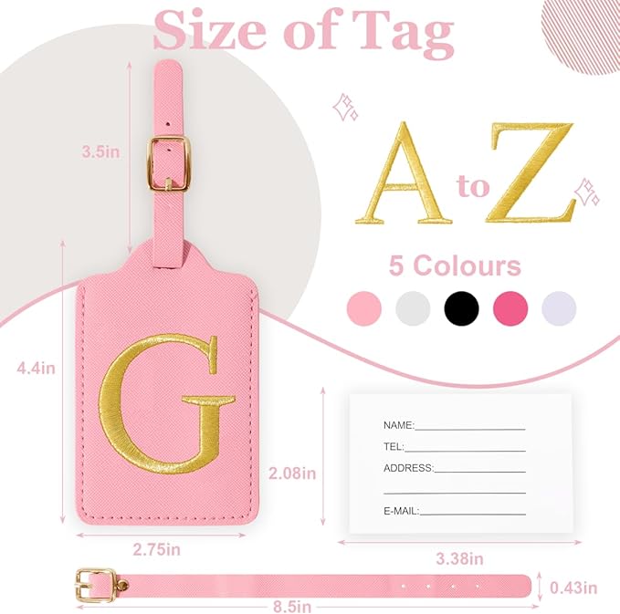 Personalized Initial Luggage Tags for Suitcases,Leather Letter Cute Luggage Tags with Privacy Name Card,Embroidered Monogrammed Travel Bag Backpack Tag Gifts for Women Kids Girls Teens(Pink-G)