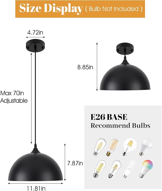 Black Pendant Light,11.8" Industrial Dome Pendant Lights Kitchen Island,Adjustable Farmhouse Hanging Lamp for Dining Room Bedroom Restaurant Bar Cafe,3 Pack