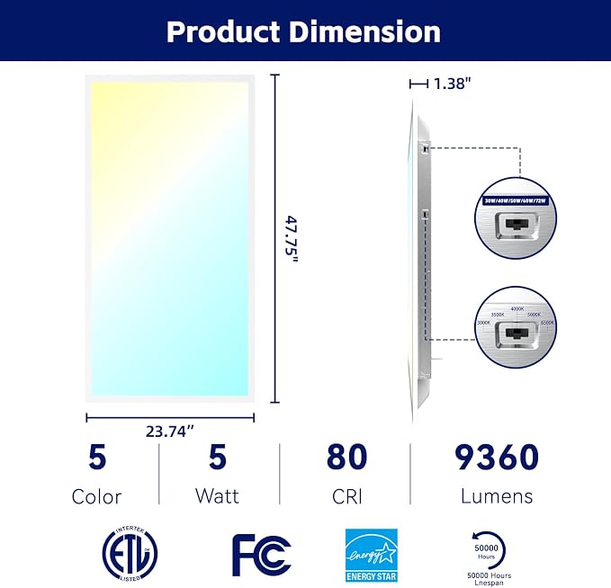 12Pack 2x4 LED Panel Light 5CCT Selectable Drop Ceiling Light Fixture | 5CCT Selectable 3000K-6500K,5 Wattage Adjustable 30W-72W,ETL Listed Commercial Fixture,Backlit LED Panel Design