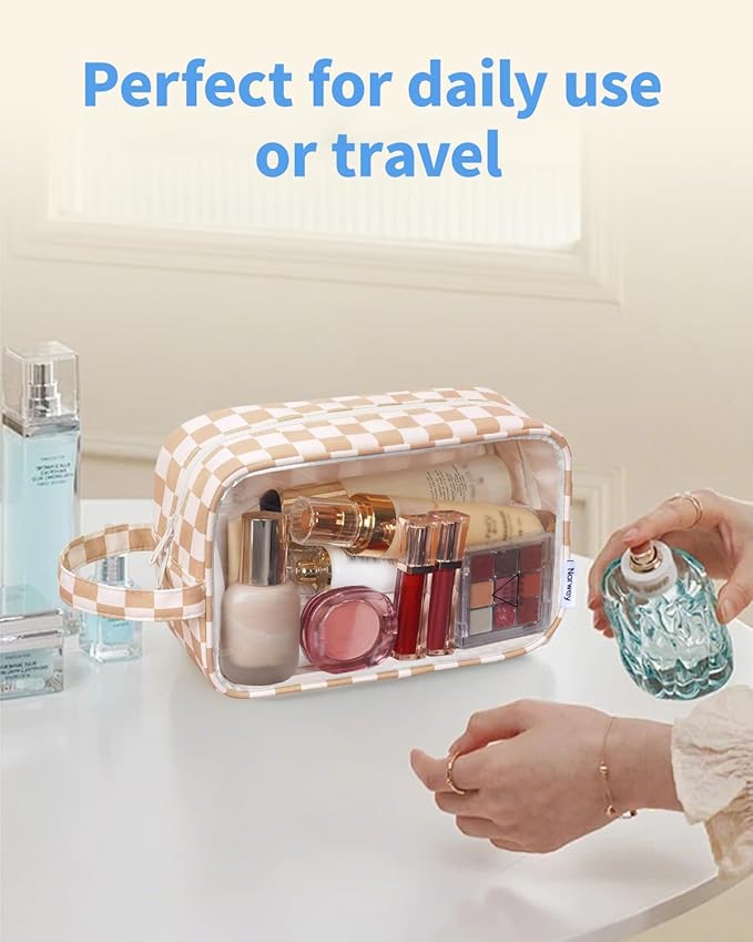 Narwey Clear Toiletry Bags for Traveling Women Men, Clear Travel Bags for Toiletries Makeup Bag Cosmetic Bag with Zipper, Make Up Organizer, Skincare Bag (Light Brown Checkerboard)