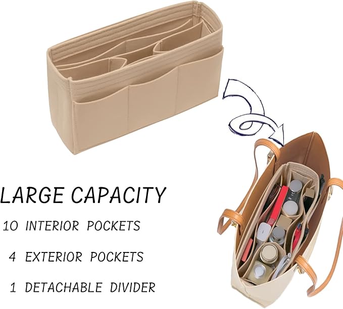 DailyPlus Purse Organizer Insert Felt Bag Organizer Handbag Organizer Insert Bag In Bag Organizer for Tote Purse Bag 14 Pockets Beige Slender Medium