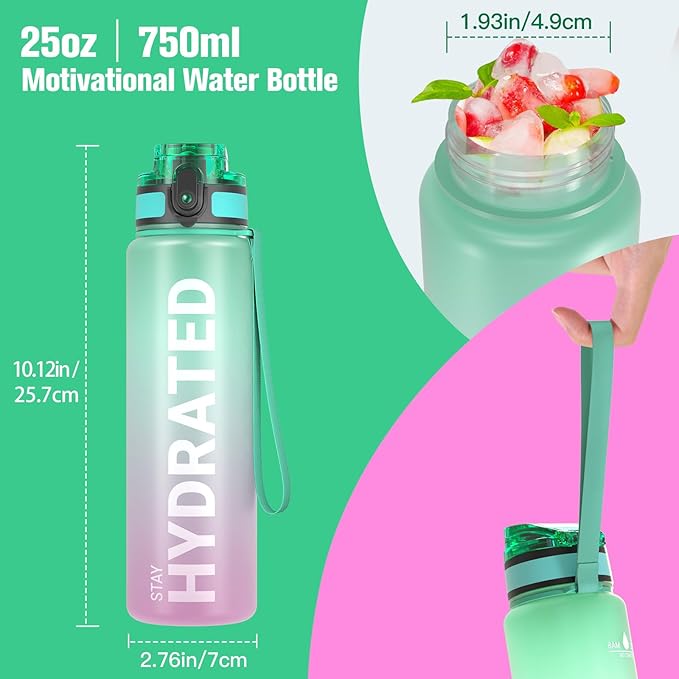 Sahara Sailor Water Bottle, 32/25/17oz Durable and Leakproof Water Bottles Motivational with Time Marker, Tritan, BPA Free, Wide Mouth with Easy Clean Brush for Gym, Travel, School, Office (1 Bottle)