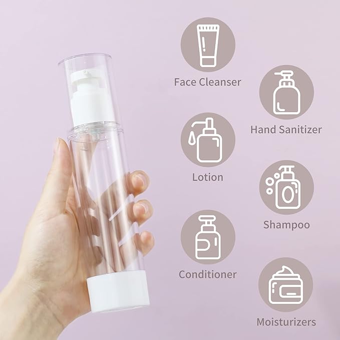 LONGWAY 3.4 Oz 100ml Clear Airless Cosmetic Cream Pump Bottle Travel Size Dispenser Refillable Containers for Shampoo, Foundation, Lotion (Pack of 6)