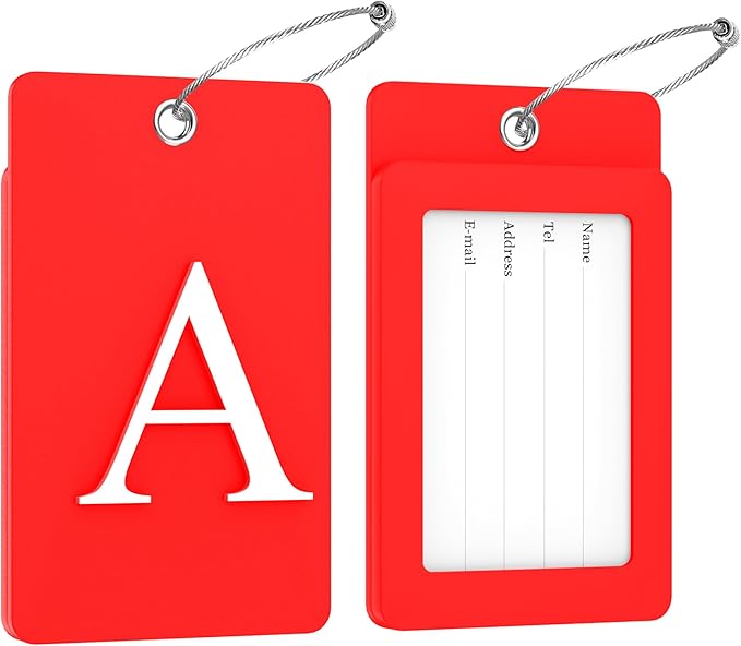 Gostwo 2 Pack Luggage Tags for Suitcases, 26 Initial Letter Travel Luggage Baggage Identification Labels ID Tag Fully Bendable Tags with Stainless Steel Loop (Red) (Letter A)