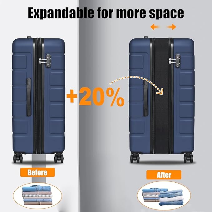 Explorer Lightweight Hardshell 20% Expandable 3-Piece Luggage Set with TSA Lock, Double Spinner Wheels, and Carry-On Suitcase,Navy Blue