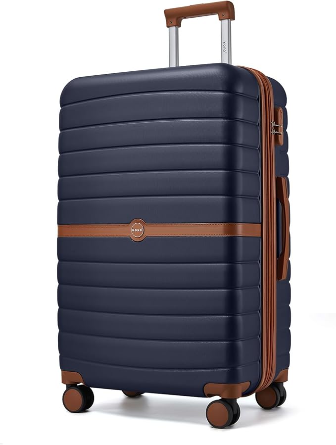 Kono Expandable 28 Inch Luggage with Spinner Wheels, Large Checked Luggage with Lock, Lightweight & Anti-Scratch PC+ABS Hardshell Travel Suitcase, Navy/Brown