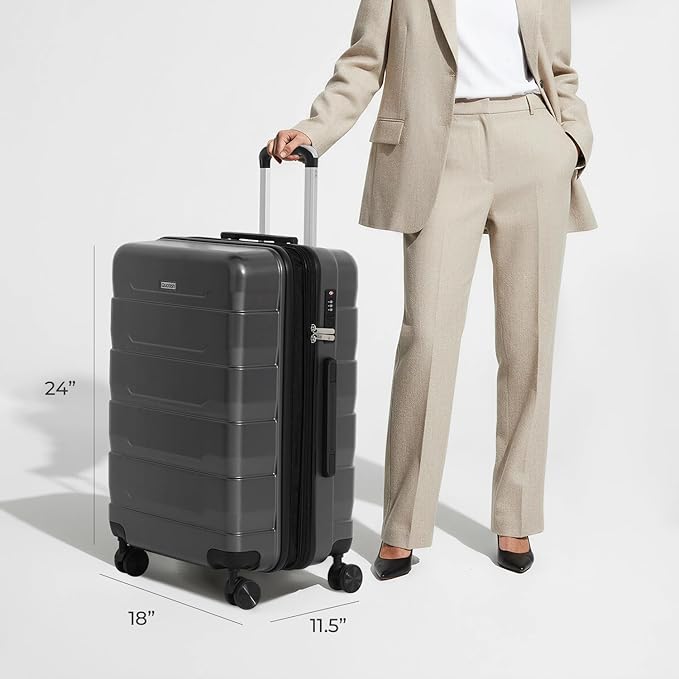 Quatish Checked Luggage 26 inch Large Hard Shell Suitcase with Spinner Wheels, Expandable Durable Luggage with TSA Lock, Smooth Rolling Wheel for Lightweight Travel for Men Women, Grey