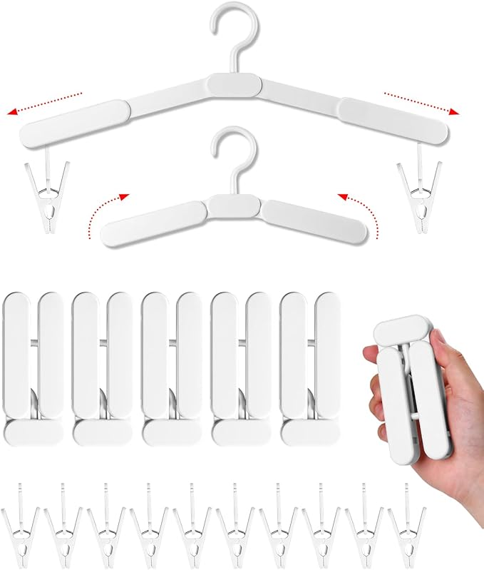 Foldable Travel Hanger with Clips - 5 Pack Portable Collapsible & Space-Saving Hangers for Cruise Suitcase, White