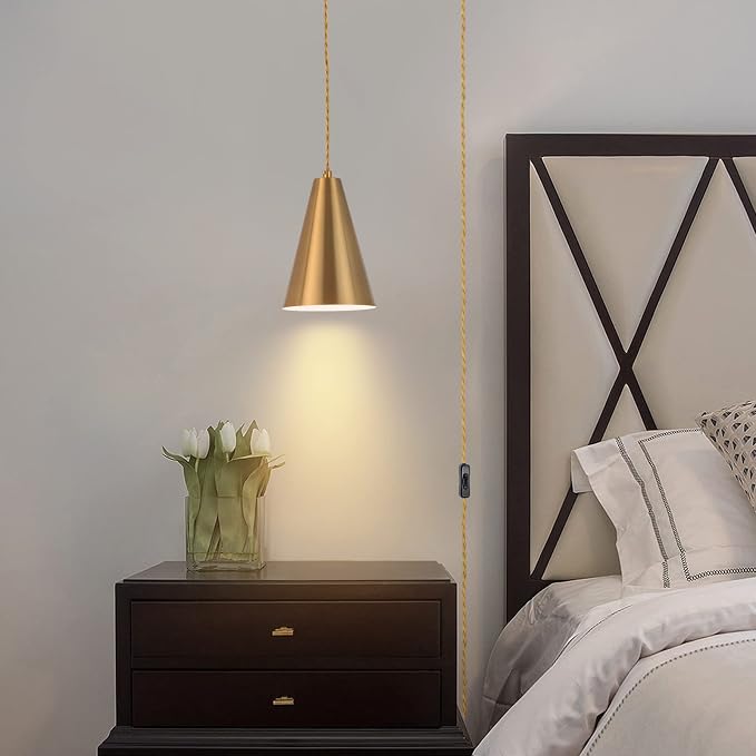 Gold Plug In Pendant Light,Hanging Lights With Plug In Cord On/Off Switch, Mini Brass Pendant Lights for Kitchen Island,Modern Chandeliers Light Fixture with Metal Shade,Hanging Lamps for Bedroom