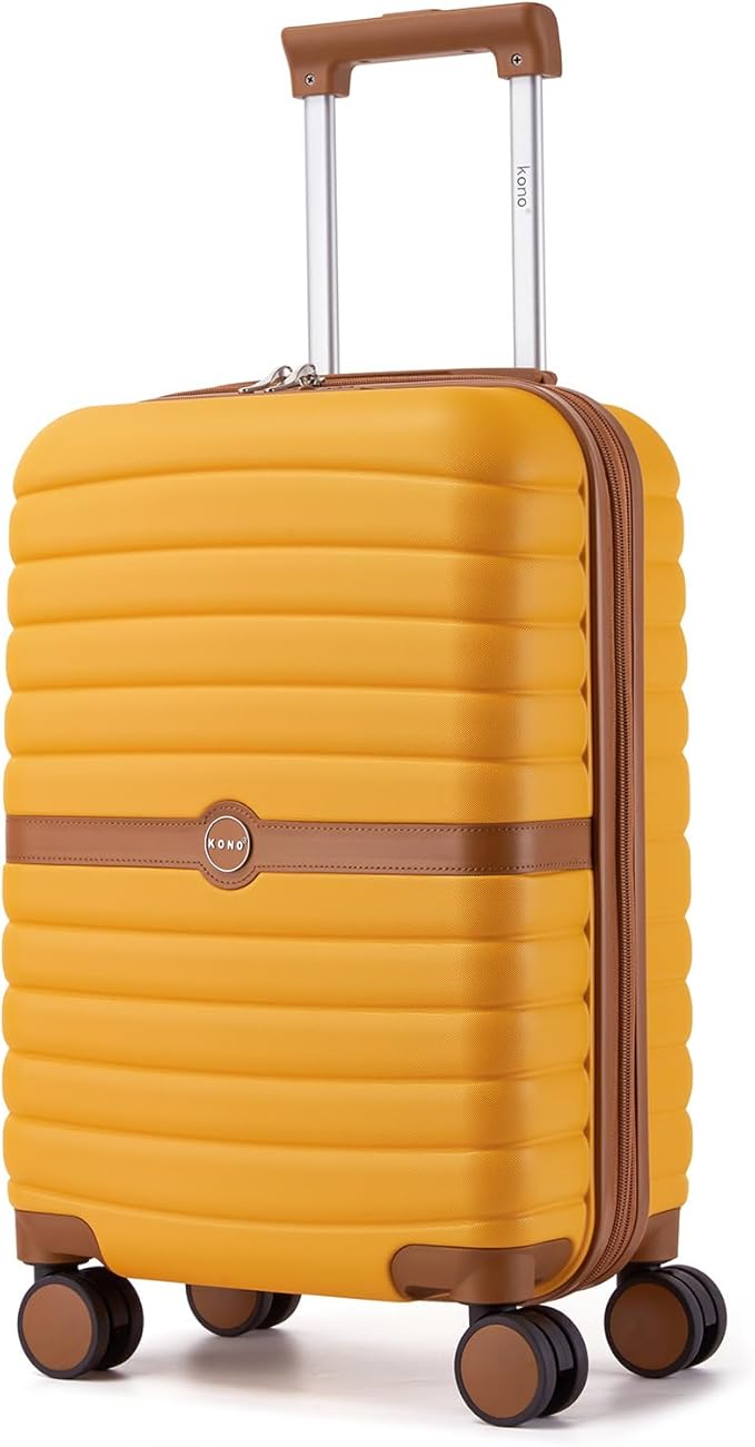 Kono Expandable Carry On Luggage 22x14x9 Airline Approved with Spinner Wheels, 20 Inch Durable & Impact-Resistant PC+ABS Hardshell Rolling Suitcase Travel Luggage with Lock, Yellow/Brown
