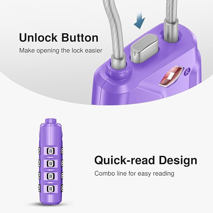 Puroma 2 Pack TSA Approved Luggage Locks, 4 Digit Combination Travel Cable Locks Resettable Code Lock with Zinc Alloy Body for Suitcase, Toolbox, Backpack, Bag, Gym Locker (Basic Purple)