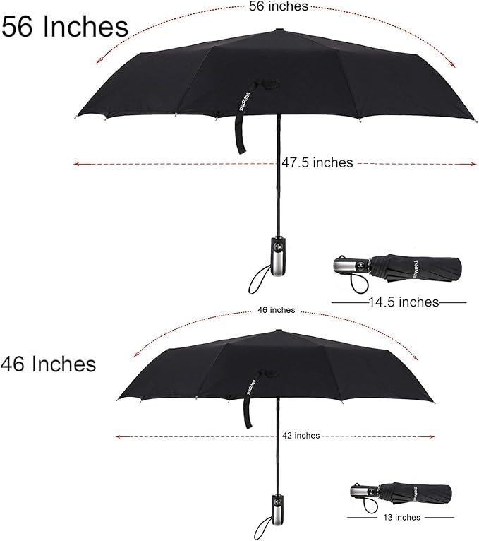 TradMall Travel Umbrella Windproof with 46 Inches Large Canopy 10 Reinforced Fiberglass Ribs Ergonomic Handle Auto Open & Close, Black