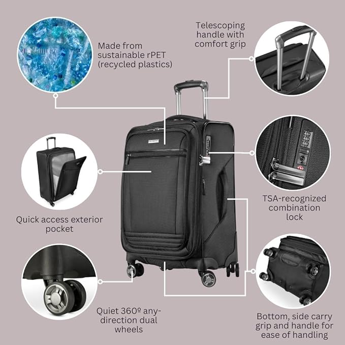 Ricardo Beverly Hills Avalon Softside 3-Piece Luggage Set Made with Sustainable 100% Recycled PET (rPET), Lightweight, Eco-Friendly Travel, Expandable, Dual Spinner Wheels, Black