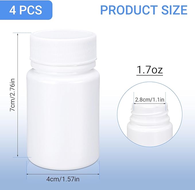 White Pill Bottle, Empty Medicine Bottles with Screw Caps for Pills Capsules Vitamins, Food Grade Plastic Medicine Containers with Labels for Travel (1.7oz/50ml, 4 Pcs)