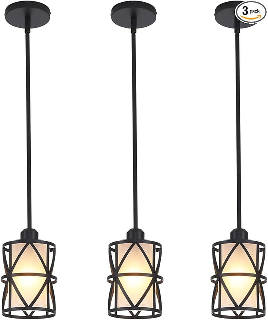 3 Pack Pendant Light Kitchen Island Pendant Light, Stem Rod Hanging Light with Spiral Cage Frosted Glass Shade, Black Modern Indoor Hanging Lamp