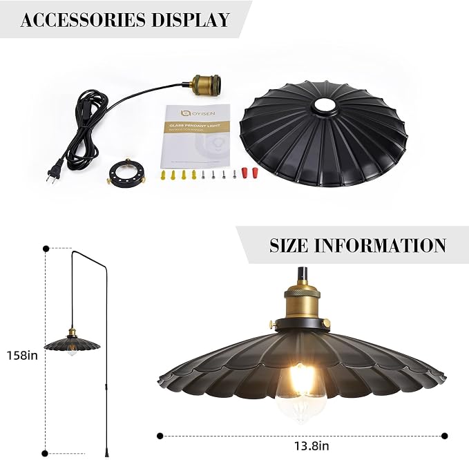 Vintage Scalloped Plug in Pendant Light, Black 13.8 Inch Farmhouse Hanging Lamp Plug in with On/Off Switch, Rustic Industrial Ceiling Light for Kitchen Island Dining Room Cafe