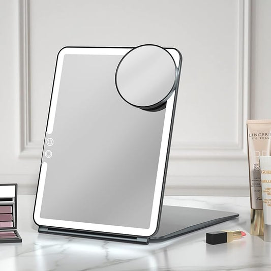 FUNTOUCH 10x7.5 Portable Large Travel Makeup Mirror with Light, 2500mAh Rechargeable Lighted Travel Makeup Mirrors with 3 Color Lights, Dimmable Folding Light Up Make up Mirror with Small 10x Mirror