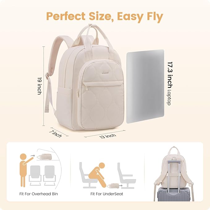 LOVEVOOK Laptop Backpack for Women, College Travel Backpack Puffer Womens Backpack for 17.3 Inch Laptop, Computer Water-Resistant Quilted Casual Daypack, Beige
