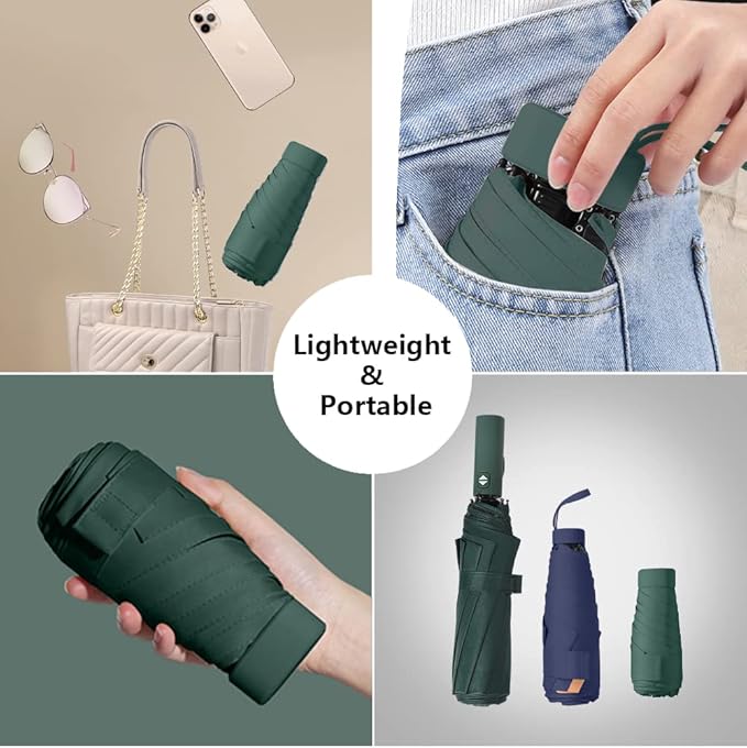 ESUFEIR Mini Sun Umbrella for Purse With Case, Small Compact UV Umbrella Travel Essentials, Lightweight Portable Parasol Windproof for Women Men Kids (Dark green)